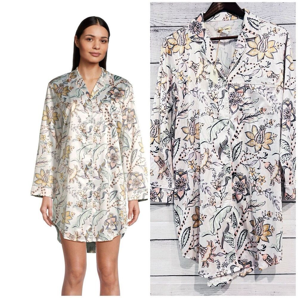 World Market Tamara Multicolor Floral Nightshirt Pajama Gown S/M Button Up New